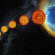 
An illustrative sequence of six stars increasing in size and changing in color against a cosmic background, depicting the life cycle of a star from a smaller, hotter state to a larger, cooler red giant.